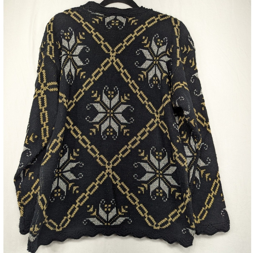 Dana Scott Sweater Large Black Gold Silver Fair Isle Snowflake Holiday‎ Pullover - Picture 2 of 8